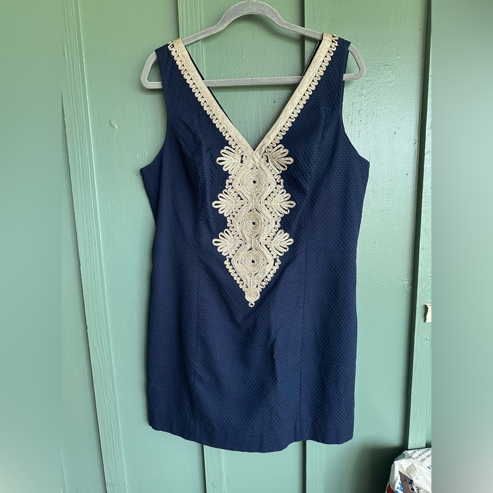 Lilly Pulitzer Junie- Navy Gold Detail Pique Shift Dress
